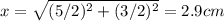 x=\sqrt{(5/2)^{2}+(3/2)^{2}}=2.9 cm