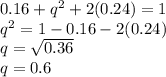 0.16 + q^2 + 2 (0.24) = 1\\q^2 = 1 - 0.16 - 2 (0.24)\\q = \sqrt{0.36} \\q = 0.6\\