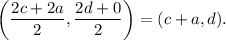 \left(\dfrac{2c+2a}{2},\dfrac{2d+0}{2}\right)=(c+a,d).