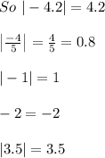 So \ |-4.2|=4.2\\\\\left|\frac{-4}{5}\right|=\frac{4}{5}=0.8\\\\|-1|=1\\\\-2=-2\\\\|3.5|=3.5