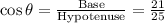 \cos \theta = \frac{\textrm {Base}}{\textrm {Hypotenuse}} = \frac{21}{25}