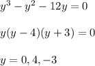 y^3 -y^2 -12y = 0 \\  \\ y(y-4)(y+3) = 0 \\  \\ y = 0,4,-3
