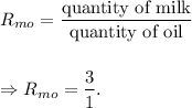 R_{mo}=\dfrac{\textup{quantity of milk}}{\textup{quantity of oil}}\\\\\\\Rightarrow R_{mo}=\dfrac{3}{1}.