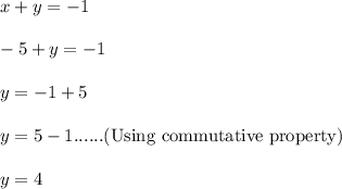 x+y=-1\\\\-5+y=-1\\\\y=-1+5\\\\y=5-1......(\textrm{Using commutative property})\\\\y=4