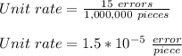 Unit\ rate=\frac{15\ errors}{1,000,000\ pieces}\\\\Unit\ rate=1.5*10^{-5}\ \frac{error}{piece}