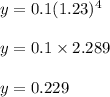 y = 0.1(1.23)^4\\\\y = 0.1 \times 2.289\\\\y = 0.229