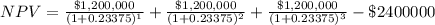 NPV= \frac{\$ 1,200,000}{(1+0.23375)^{1} }+\frac{\$ 1,200,000}{(1+0.23375)^{2}}+\frac{\$ 1,200,000}{(1+0.23375)^{3}} -\$ 2400000
