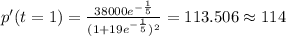 p'(t=1) =\frac{38000 e^{-\frac{1}{5}}}{(1+19e^{-\frac{1}{5}})^2}=113.506 \approx 114
