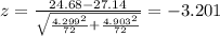 z=\frac{24.68-27.14}{\sqrt{\frac{4.299^2}{72}+\frac{4.903^2}{72}}}}=-3.201