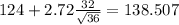 124 +2.72 \frac{32}{\sqrt{36}}= 138.507