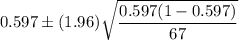 0.597\pm (1.96)\sqrt{\dfrac{0.597(1-0.597)}{67}}