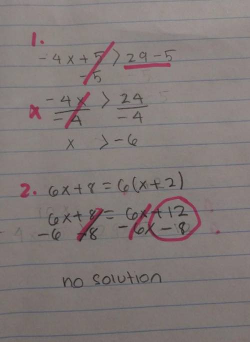 50 points 7th grade math !  asap 1. sam solved the following problem:  -4x + 5 >  29 -4x + 5 - 5