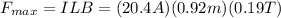F_{max}=ILB=(20.4A)(0.92m)(0.19T)