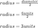 radius=\frac{diameter}{2}\\\\radius=\frac{6units}{2}\\\\radius=3units