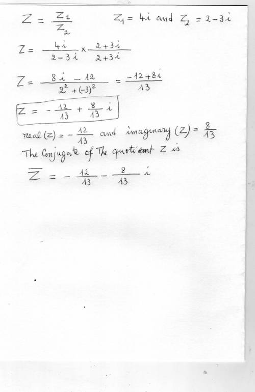 What are the real and imaginary parts of the conjugate of the quotient of z1/z2?  the point z1 is at