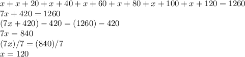 x + x+20 + x+40 + x+60+x+80+x+100+x+120 = 1260 \\ 7x+420=1260 \\ (7x+420)-420=(1260)-420 \\ 7x = 840 \\ (7x)/7 = (840)/7 \\ x=120