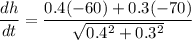 \displaystyle \frac{dh}{dt}=\frac{0.4(-60)+0.3(-70)}{\sqrt{0.4^2+0.3^2}}