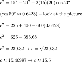c^2=15^2+20^2-2(15)(20)\cos50^o\\\\(\cos50^o\approx0.6428)-\text{look at the picture}\\\\c^2=225+400-600(0.6428)\\\\c^2=625-385.68\\\\c^2=239.32\to c=\sqrt{239.32}\\\\c\approx15.46997\to c\approx15.5