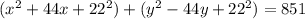 (x^{2}+44x+22^{2})+(y^{2}-44y+22^{2})=851