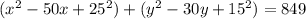 (x^{2}-50x+25^{2})+(y^{2}-30y+15^{2})=849