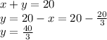 x+y=20\\y=20-x=20-\frac{20}{3}\\y=\frac{40}{3}