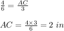 \frac{4}{6}=\frac{AC}{3}\\\\AC = \frac{4\times3}{6} = 2 \ in