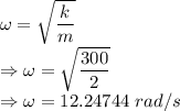 \omega=\sqrt{\dfrac{k}{m}}\\\Rightarrow \omega=\sqrt{\dfrac{300}{2}}\\\Rightarrow \omega=12.24744\ rad/s