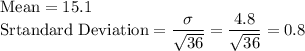 \text{Mean} = 15.1\\\text{Srtandard Deviation} = \displaystyle\frac{\sigma}{\sqrt{36}} = \frac{4.8}{\sqrt{36}} = 0.8