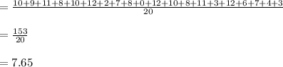 =\frac{10+9+11+8+10+12+2+7+8+0+12+10+8+11+3+12+6+7+4+3}{20}\\\\=\frac{153}{20}\\\\=7.65