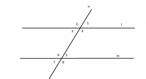 In the image shown, line n is a transversal cutting parallel lines l and m. ∠1 = 3x + 18 ∠7 = 2x + 3