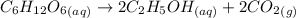 C_6H_{12}O_6_{(aq)}\rightarrow 2C_2H_5OH_{(aq)} +2CO_2_{(g)}