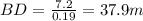 BD=\frac{7.2}{0.19}=37.9m