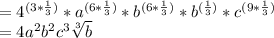 ={4^{(3*\frac{1}{3})} *a^{(6*\frac{1}{3})}*b^{(6*\frac{1}{3})}*b^{(\frac{1}{3})}*c^{(9*\frac{1}{3})}}\\=4a^2b^2c^3\sqrt[3]{b}