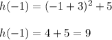 h(-1) = (-1+3)^2+5\\\\h(-1) = 4 + 5 = 9