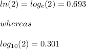 ln(2)=log_{e}(2)=0.693\\\\where as\\\\log_{10}(2)=0.301\\