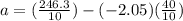 a= (\frac{246.3}{10} ) -(-2.05)(\frac{40}{10} )