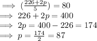 \implies ( \frac{226 +  2p}{5}) =  80\\\implies 226 +  2p =  400\\\implies 2 p = 400 - 226  = 174\\\implies  p =\frac{174}{2}  = 87