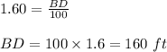 1.60 = \frac{BD}{100}\\\\BD =100\times 1.6 = 160 \ ft