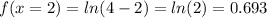 f(x=2) = ln(4-2) = ln(2) =0.693