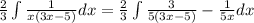 \frac{2}{3}\int \frac{1}{x\left(3x-5\right)}dx=\frac{2}{3}\int \frac{3}{5(3x-5)}-\frac{1}{5x}dx