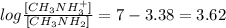 log\frac{[CH_3NH_3^+]}{[CH_3NH_2]} = 7-3.38=3.62