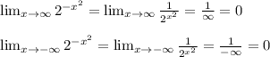 \lim_{x \to \infty} 2^{-x^2}= \lim_{x \to \infty} \frac{1}{2^{x^2}}=\frac{1}{\infty}=0\\\\ \lim_{x \to- \infty} 2^{-x^2}= \lim_{x \to- \infty} \frac{1}{2^{x^2}}=\frac{1}{-\infty}=0