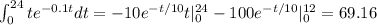\int^{24}_{0}te^{-0.1t}dt=-10e^{-t/10}t|^{24}_{0}-100e^{-t/10}|^{12}_{0}=69.16
