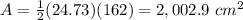 A=\frac{1}{2}(24.73)(162)=2,002.9\ cm^{2}