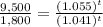\frac{9,500}{1,800}=\frac{(1.055)^t}{(1.041)^t}