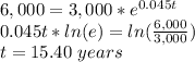 6,000 = 3,000*e^{0.045t}\\0.045t*ln(e)=ln(\frac{6,000}{3,000})\\ t=15.40\ years