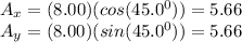 A_x = (8.00) (cos(45.0^0)) = 5.66\\A_y = (8.00)(sin(45.0^0)) = 5.66