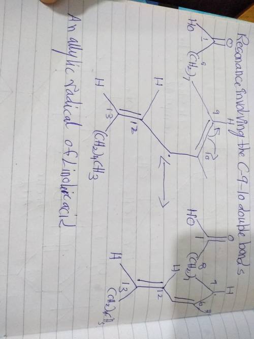 The allyl radical of linoleic acid is stabilized by resonance involving the c-9-10 and c-12-13 doubl
