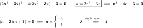 \bf (2x^2-3x)^2+4(2x^2-3x)+3=0\qquad \boxed{a=2x^2-3x}\implies a^2+4a+3=0 \\\\\\ (a+3)(a+1)=0\implies a= \begin{cases} -3\\ -1 \end{cases}\qquad \stackrel{\textit{their sum}}{-3-1\implies -4}