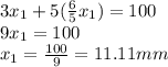 3x_1+5(\frac{6}{5}x_1)=100\\9x_1=100\\x_1=\frac{100}{9}=11.11 mm